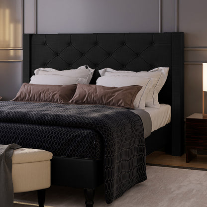 Maggie Queen Winged Fabric Bed Frame – Black, featuring a plush, deep-buttoned Chesterfield headboard. The bed's sophisticated design showcases premium black upholstery and solid construction, emphasizing luxury and durability.