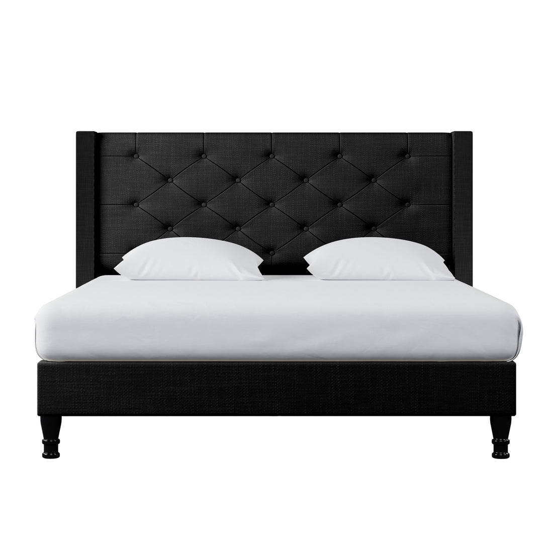 Maggie Queen Winged Fabric Bed Frame – Black, featuring a Chesterfield-style headboard and plush cushions, showcasing its luxurious design and durable construction with visible black fabric upholstery.
