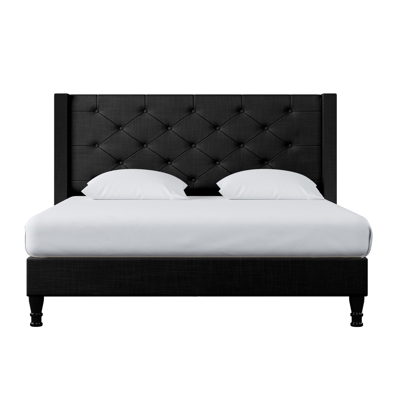 Maggie Queen Winged Fabric Bed Frame – Black, featuring a Chesterfield-style headboard and plush cushions, showcasing its luxurious design and durable construction with visible black fabric upholstery.