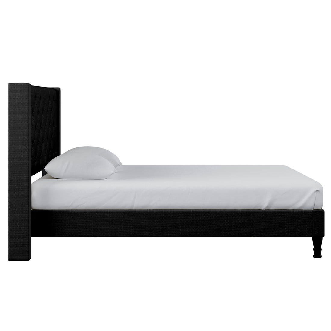 Maggie Queen Winged Fabric Bed Frame – Black, featuring a deep-buttoned Chesterfield headboard and black fabric upholstery, showcasing its plush support and sophisticated appeal in a close-up view.