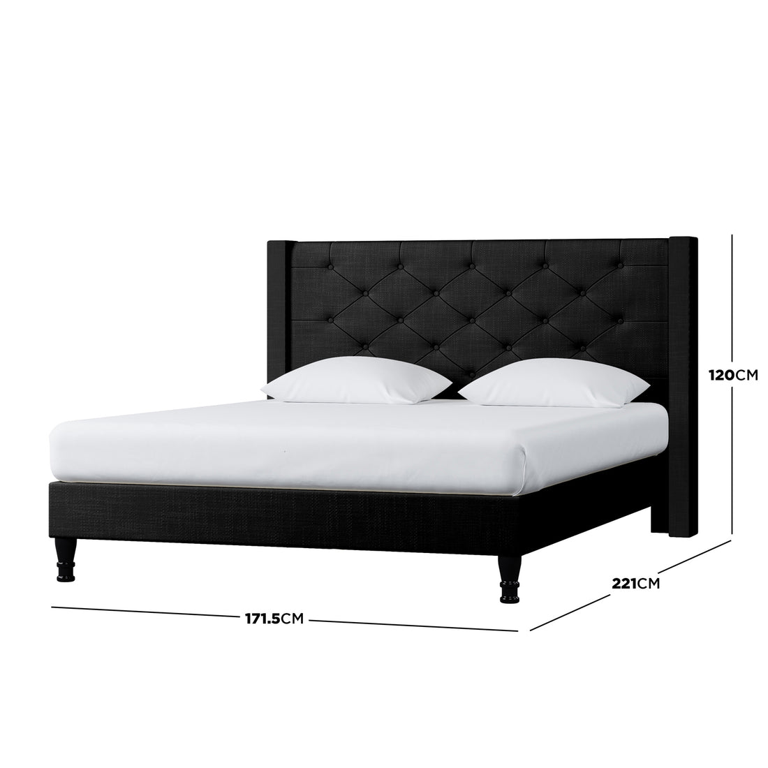 Maggie Queen Winged Fabric Bed Frame – Black features a deep-buttoned Chesterfield headboard, plush black upholstery, and a sturdy base with reinforced metal legs, showcasing luxury and durability.