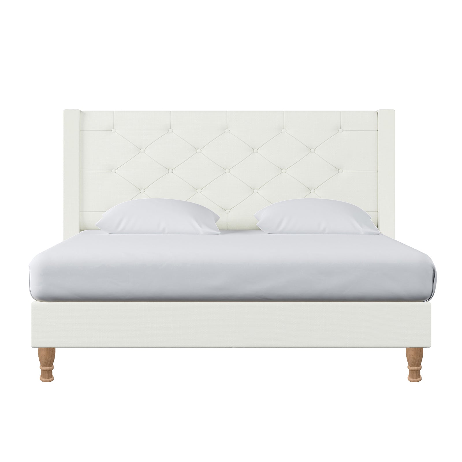 Maggie Queen Winged Fabric Bed Frame in Off White features a tall, button-tufted headboard, matching low-profile frame, light sheet and pillows, and four wooden legs, embodying clean contemporary style.