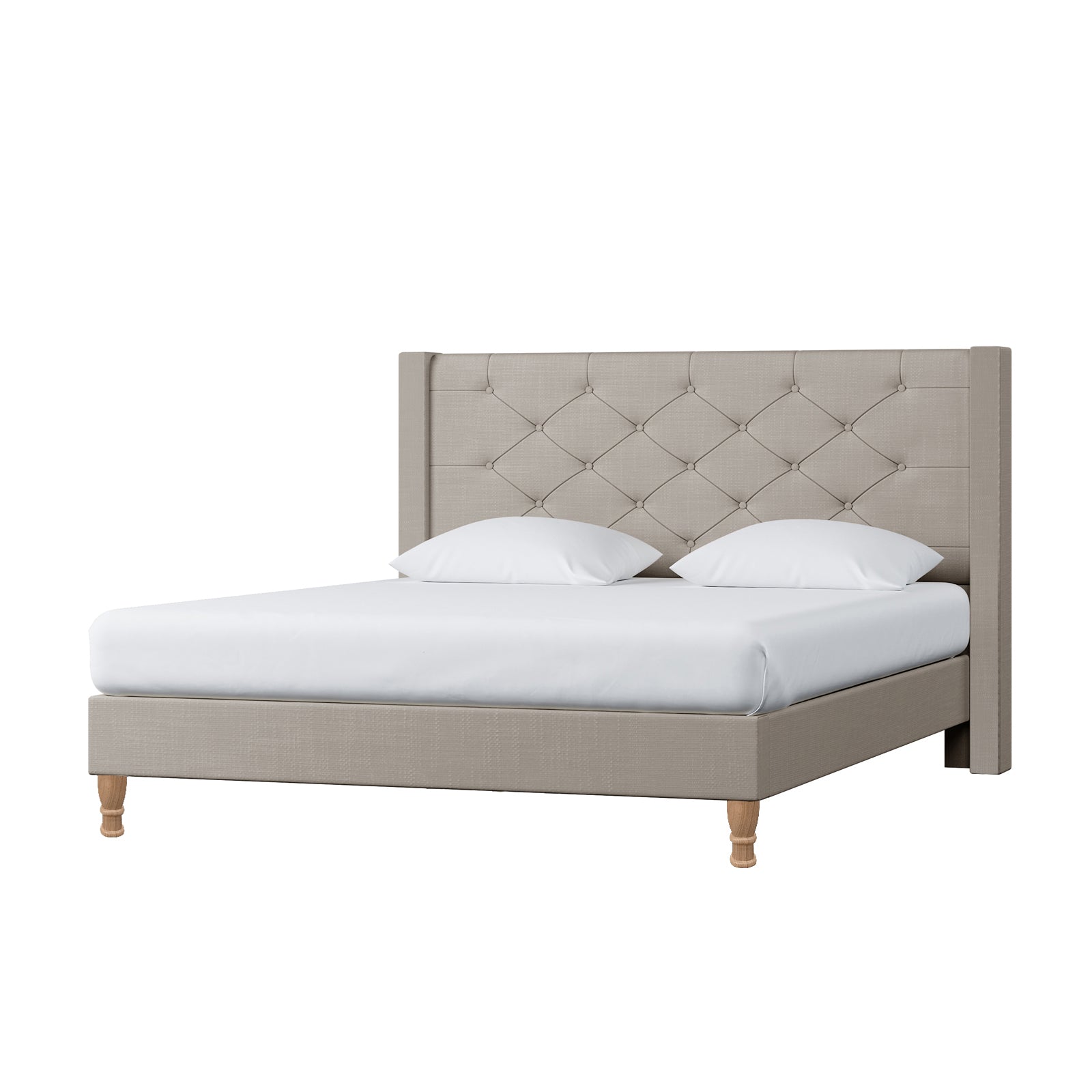 Maggie Queen Winged Fabric Bed Frame in Warm Grey features a tall, button-tufted headboard, low-profile frame, turned wooden legs, white mattress cover, and pillows, embodying elegance and stability.
