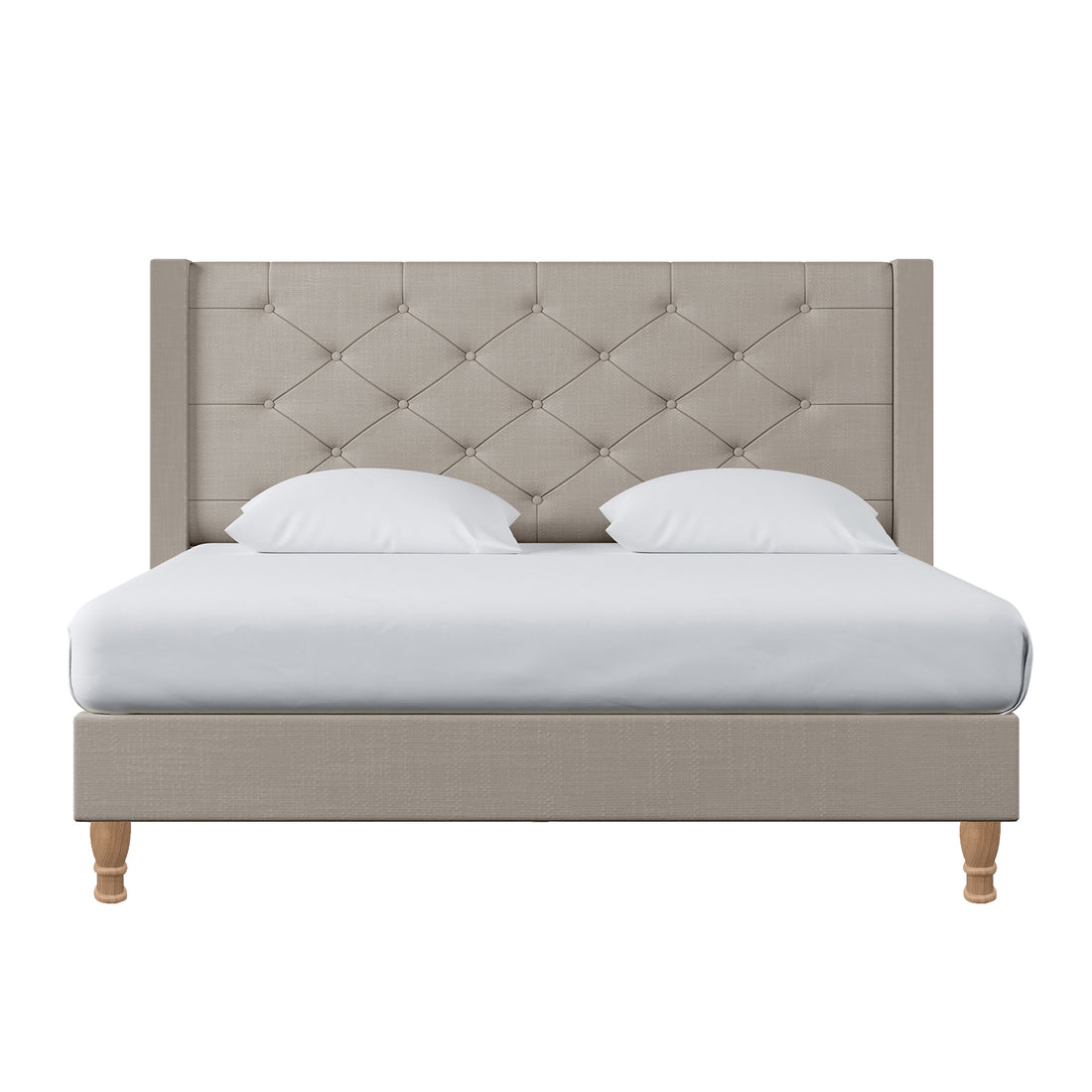 Maggie Queen Winged Fabric Bed Frame in Warm Grey features a button-tufted upholstered headboard, white bedding, and wooden legs, exuding elegance and stability with a Chesterfield-style design.