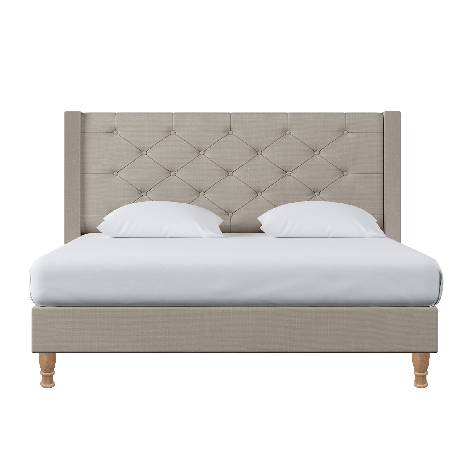 Maggie Queen Winged Fabric Bed Frame in Warm Grey features a button-tufted upholstered headboard, white bedding, and wooden legs, exuding elegance and stability with a Chesterfield-style design.