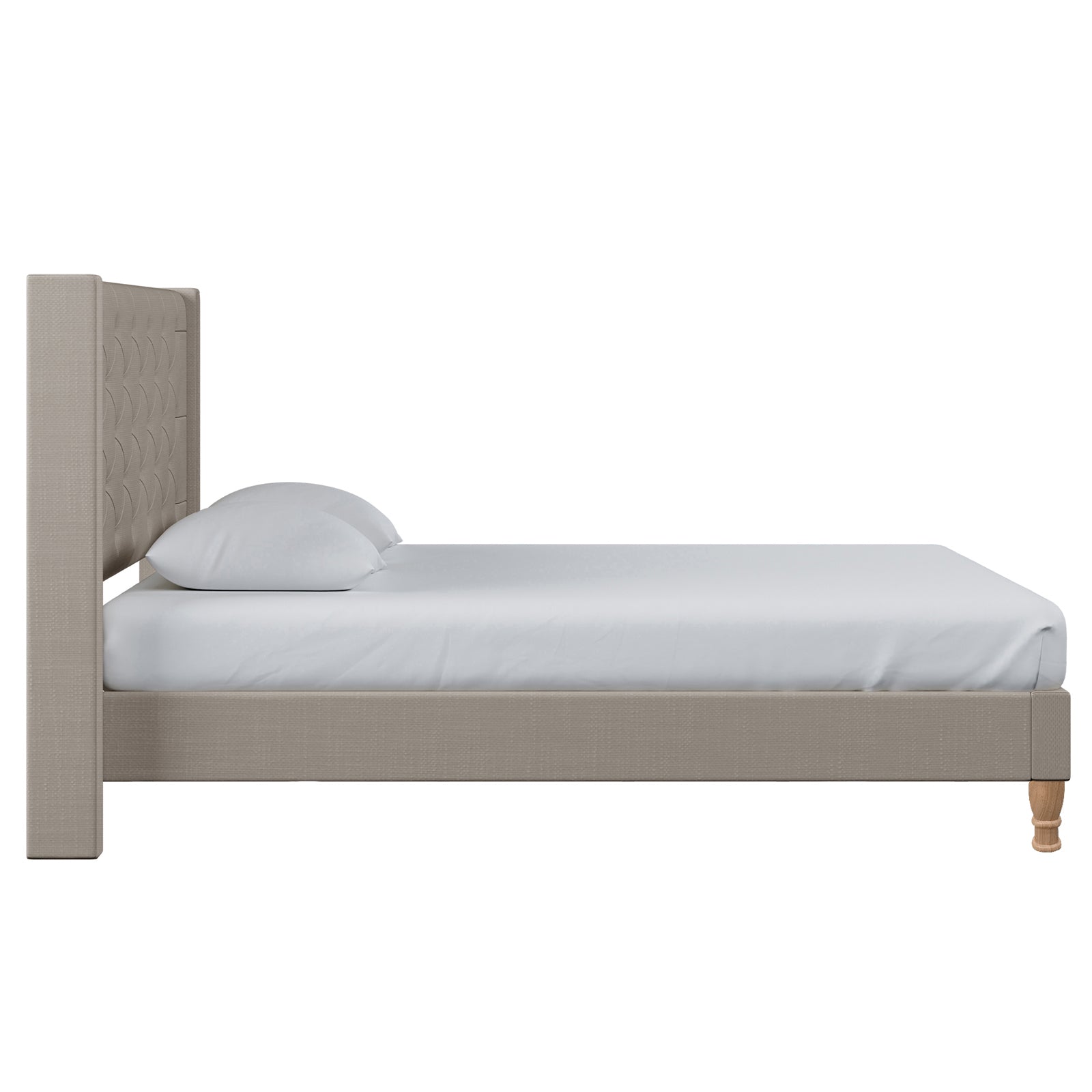 Maggie Queen Winged Fabric Bed Frame in Warm Grey, featuring a tall, tufted headboard, upholstered in light beige fabric, with a solid slat base and white-sheeted mattress and pillows.
