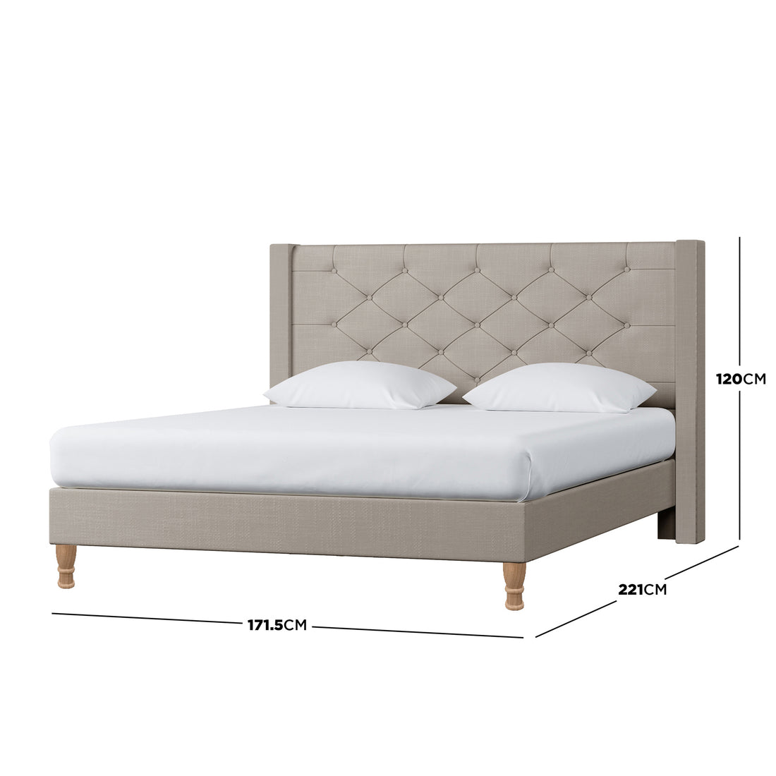 Maggie Queen Winged Fabric Bed Frame in Warm Grey, featuring a button-tufted wing-style headboard and turned wooden legs, with dimensions 171.5 cm wide, 221 cm long, and 120 cm tall.