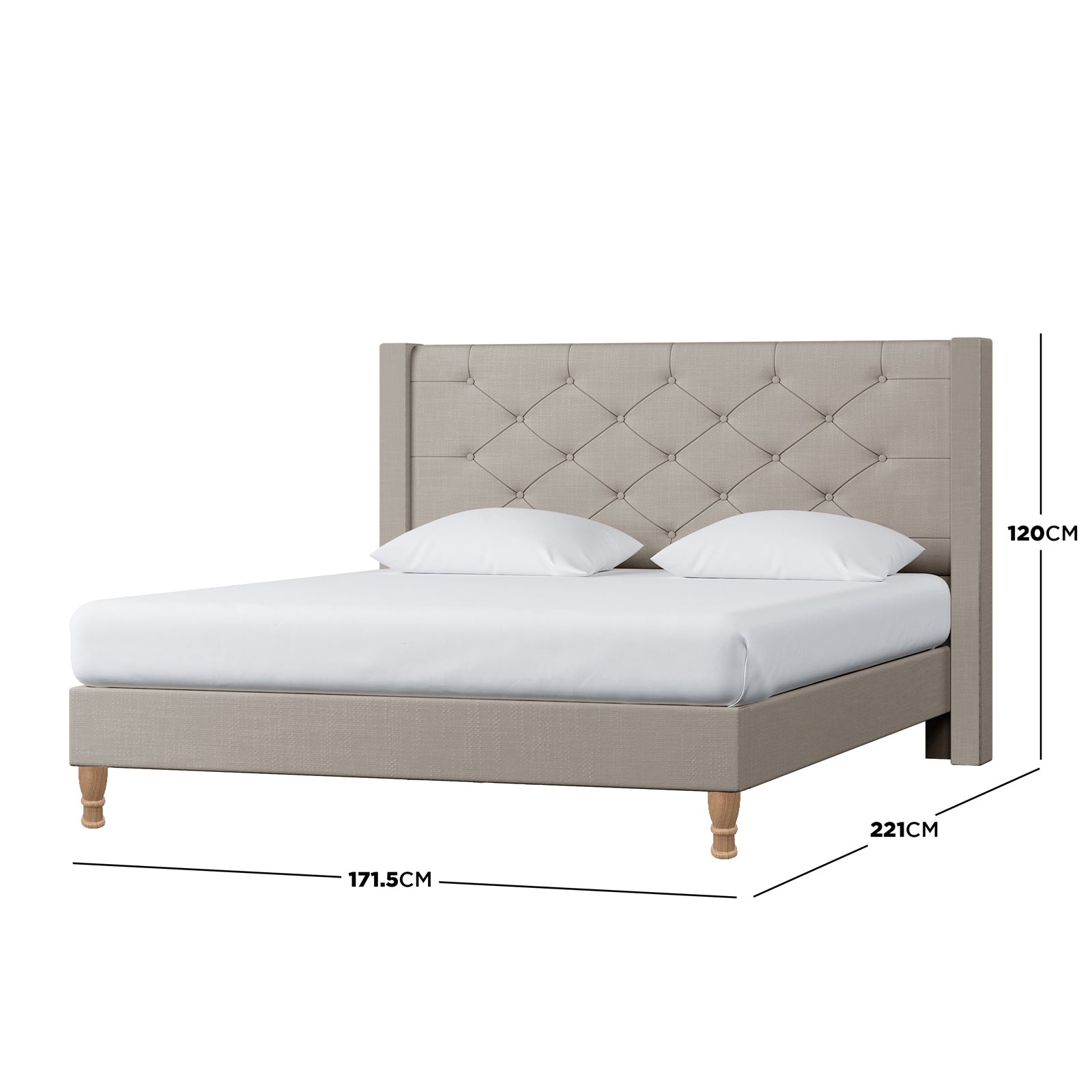 Maggie Queen Winged Fabric Bed Frame in Warm Grey, featuring a button-tufted wing-style headboard and turned wooden legs, with dimensions 171.5 cm wide, 221 cm long, and 120 cm tall.