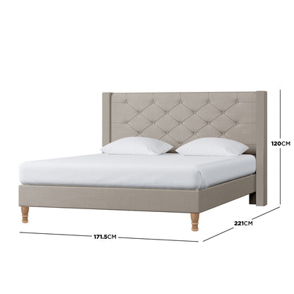 Maggie Queen Winged Fabric Bed Frame in Warm Grey, featuring a button-tufted wing-style headboard and turned wooden legs, with dimensions 171.5 cm wide, 221 cm long, and 120 cm tall.