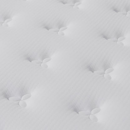 Close-up of the Antheia 32cm Medium Firm Euro Top Latex Memory Foam Spring Mattress – King, showcasing its quilted, tufted surface with stitched depressions, highlighting luxurious padding and plush knitted fabric cover.