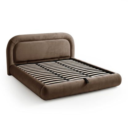 Mara King Velvet Gas Lift Storage Bed Frame in Taupe Brown