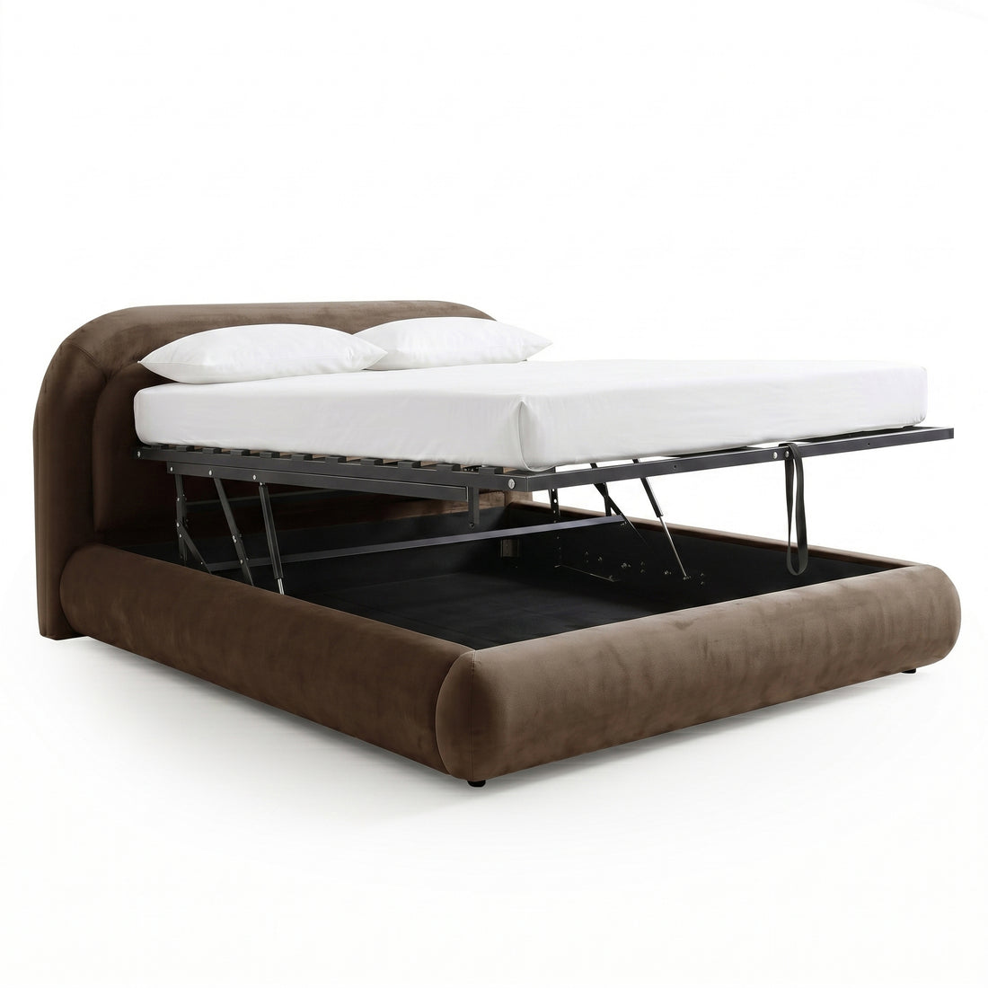 Mara King Velvet Gas Lift Storage Bed Frame in Taupe Brown