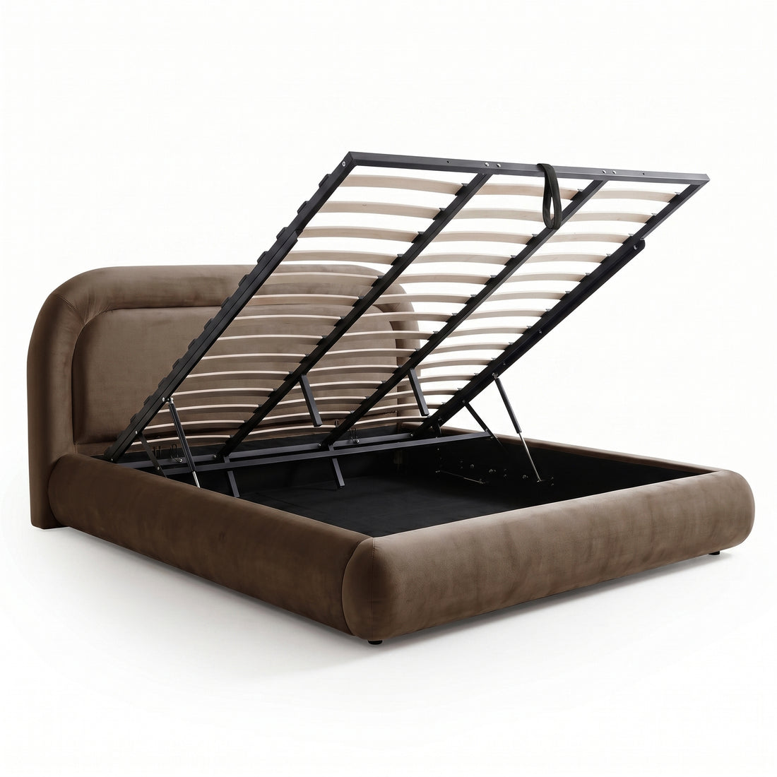 Mara King Velvet Gas Lift Storage Bed Frame in Taupe Brown