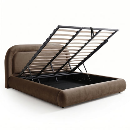 Mara King Velvet Gas Lift Storage Bed Frame in Taupe Brown