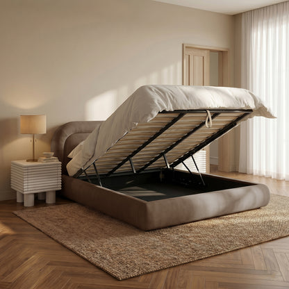 Mara King Velvet Gas Lift Storage Bed Frame in Taupe Brown