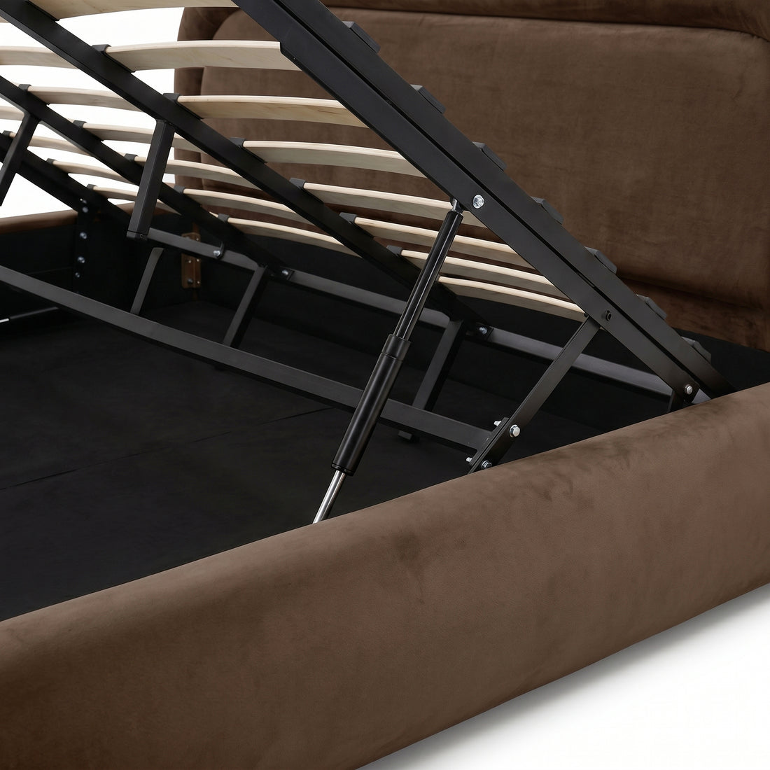 Mara King Velvet Gas Lift Storage Bed Frame in Taupe Brown