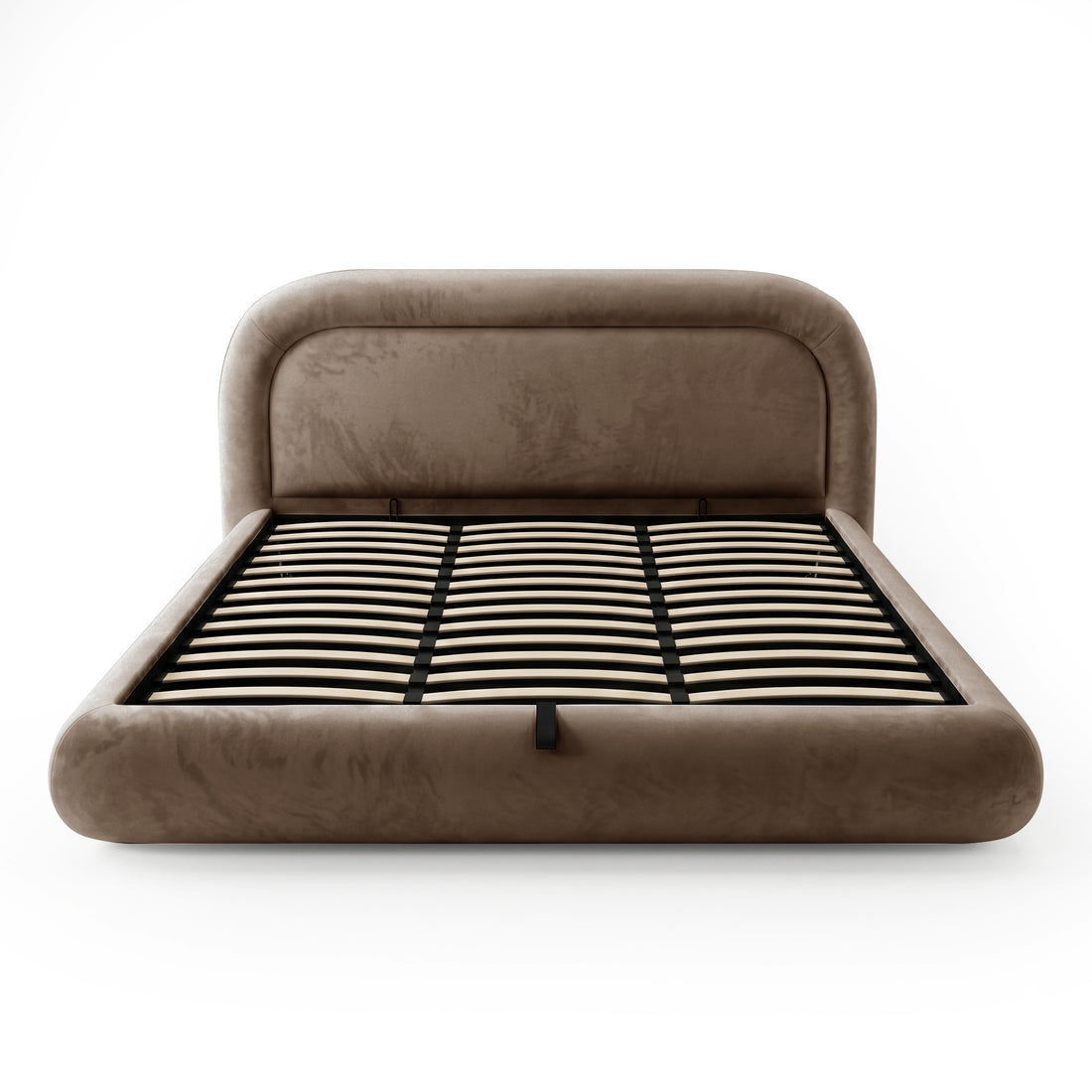 Mara King Velvet Gas Lift Storage Bed Frame in Taupe Brown