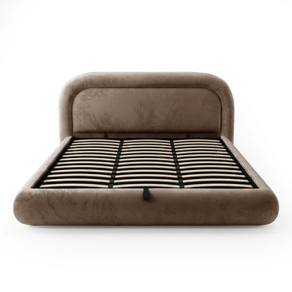 Mara King Velvet Gas Lift Storage Bed Frame in Taupe Brown