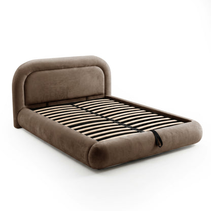 Mara Queen Velvet Gas Lift Storage Bed Frame in Taupe Brown