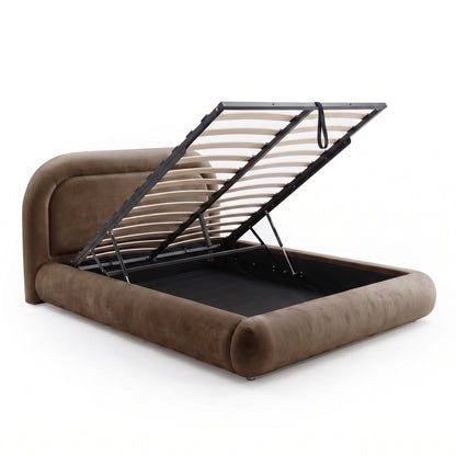 Mara Queen Velvet Gas Lift Storage Bed Frame in Taupe Brown