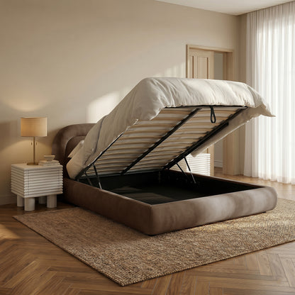 Mara Queen Velvet Gas Lift Storage Bed Frame in Taupe Brown