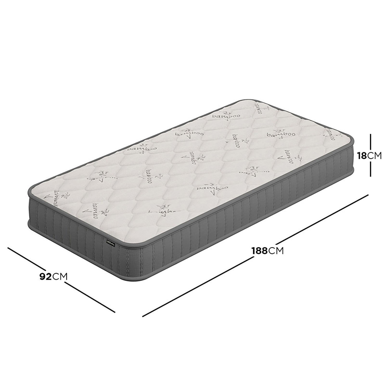 Asteria Single 18cm Pocket Spring Latex Mattress in Medium features a quilted white top with bamboo print, grey sides, and dimensions of 188x92x18 cm, showcasing its supportive, breathable design.