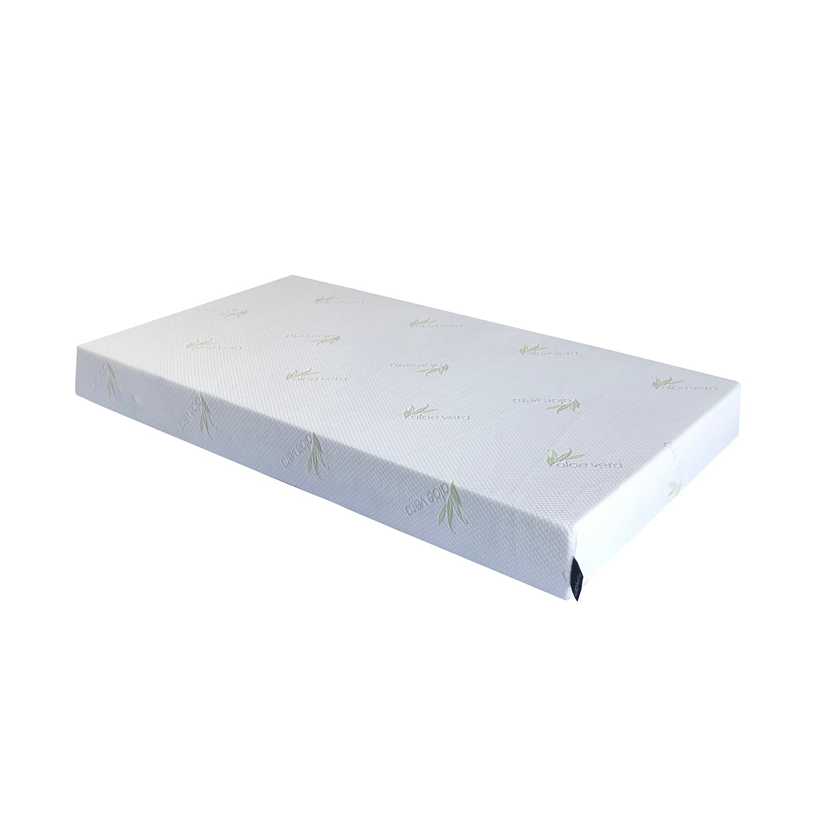 Calypso 20cm Cool Gel Memory Foam Single Mattress with white stretch-knit cover, featuring aloe vera text and aloe leaf motifs, showcases a cooling gel layer for enhanced sleep comfort.