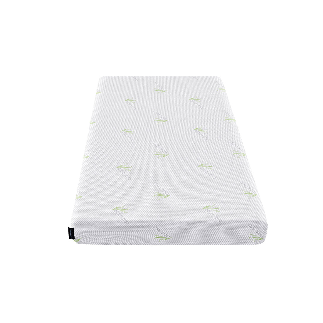 Calypso 20cm Cool Gel Memory Foam Single Mattress, featuring a white stretch-knit cover adorned with green Aloe Vera logos, showcased at an angle to highlight its 20cm thickness and fabric texture.
