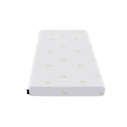 Calypso 20cm Cool Gel Memory Foam Single Mattress, featuring a white stretch-knit cover adorned with green Aloe Vera logos, showcased at an angle to highlight its 20cm thickness and fabric texture.