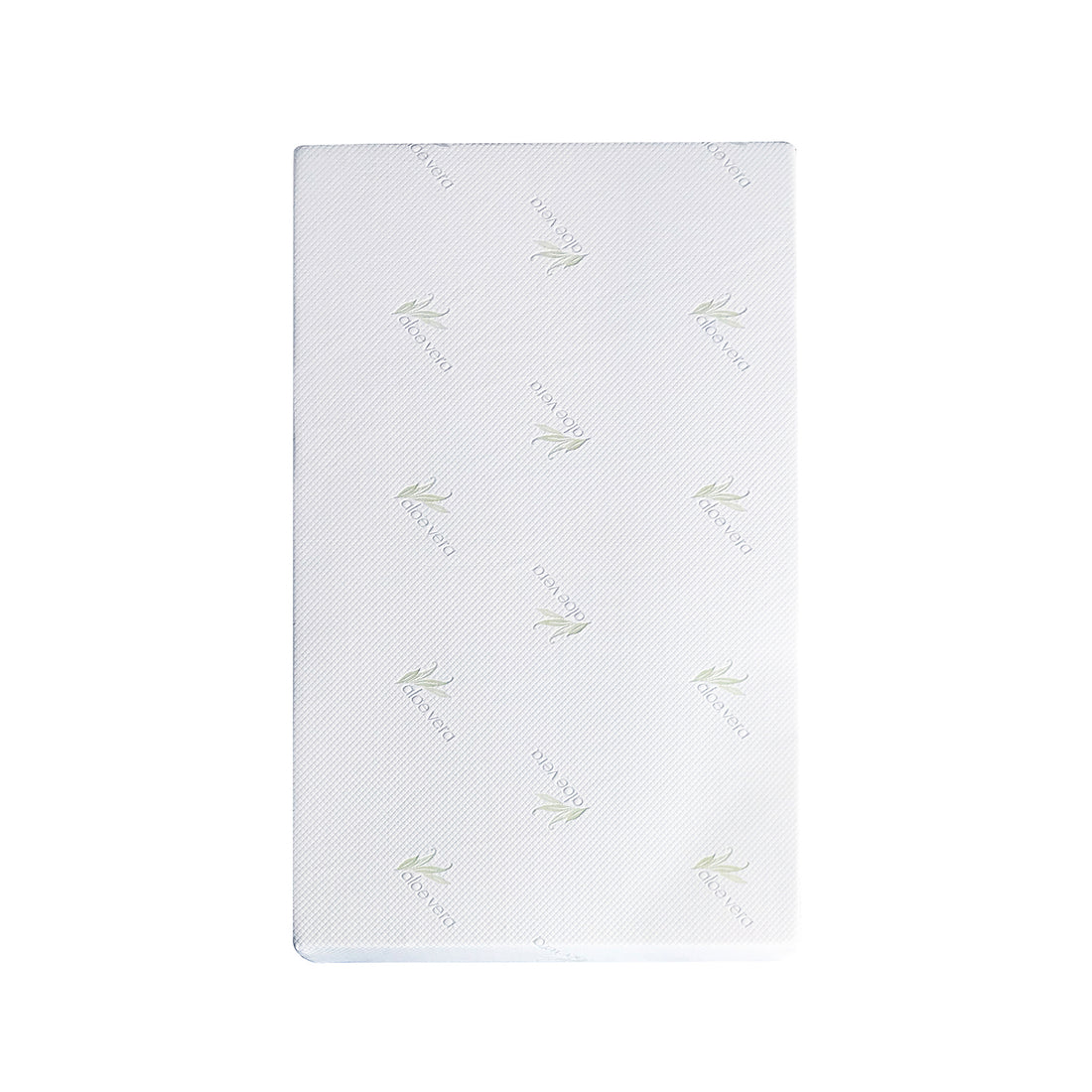 Calypso 20cm Cool Gel Memory Foam Single Mattress wrapped in a knitted cover with aloe vera logos, showcasing its plush foam structure designed for personalized support and temperature regulation.