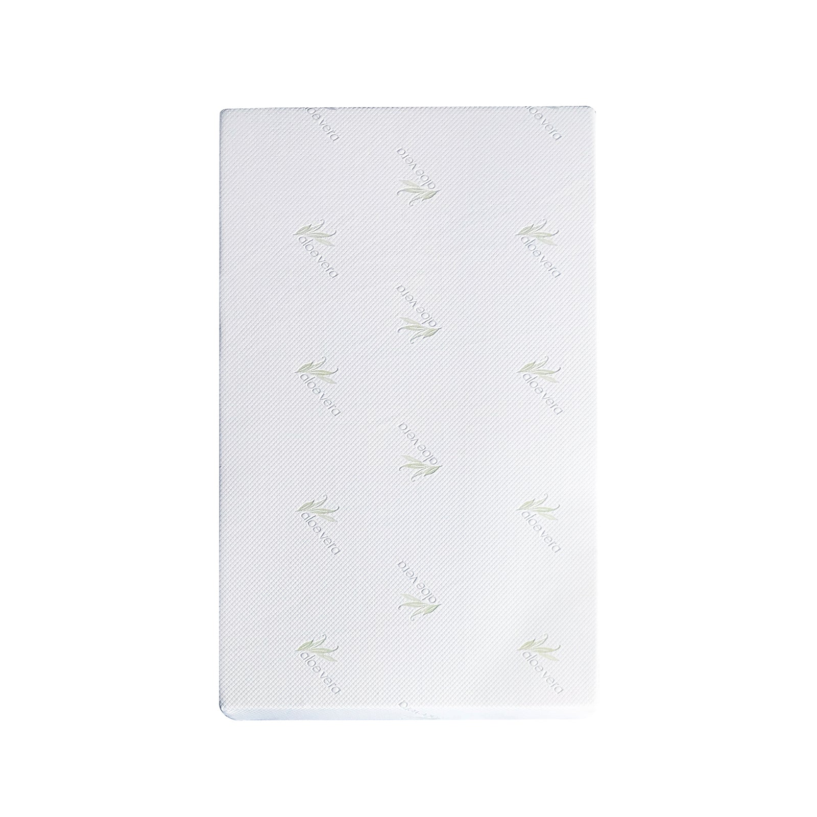 Calypso 20cm Cool Gel Memory Foam Single Mattress wrapped in a knitted cover with aloe vera logos, showcasing its plush foam structure designed for personalized support and temperature regulation.