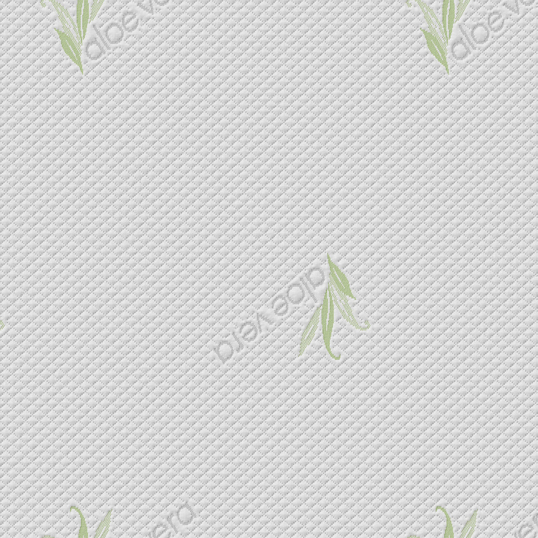 Calypso 20cm Cool Gel Memory Foam Single Mattress with white quilted cover, featuring diamond stitching, green bamboo-leaf motifs, and faint bamboo text, highlighting its bamboo-based textile design.
