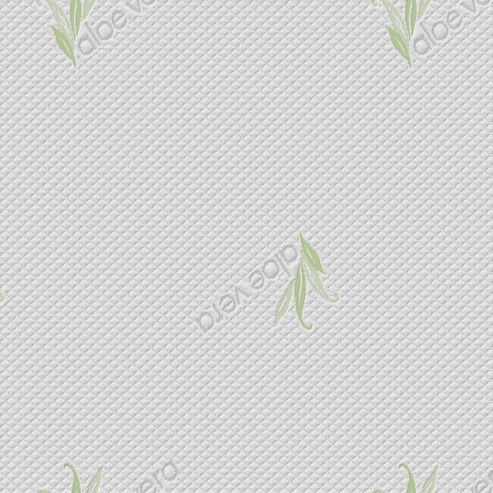Calypso 20cm Cool Gel Memory Foam Single Mattress with white quilted cover, featuring diamond stitching, green bamboo-leaf motifs, and faint bamboo text, highlighting its bamboo-based textile design.