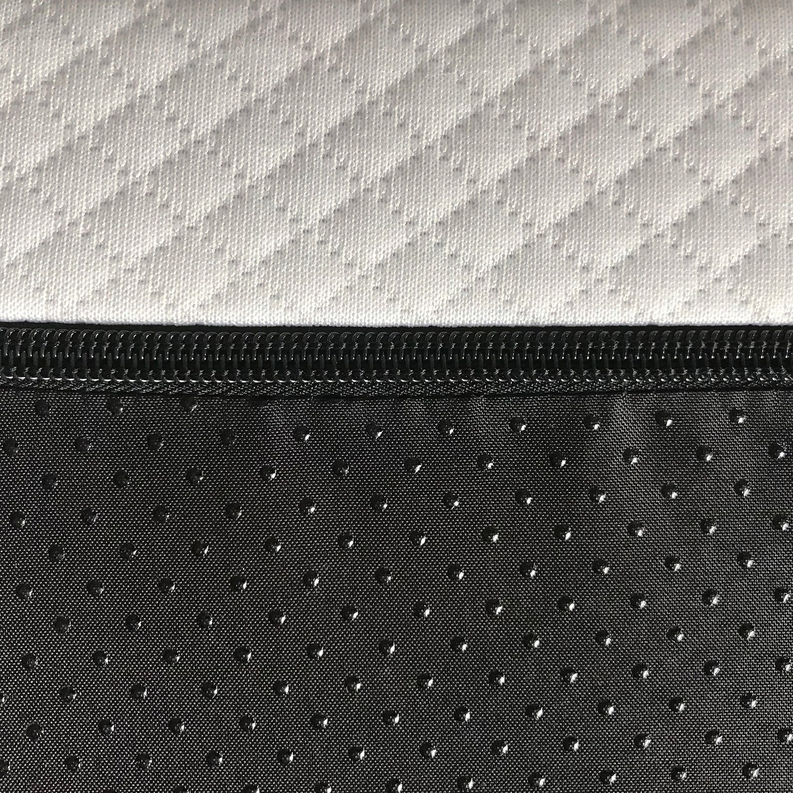 Close-up of the Calypso Single 20cm Knitted Bamboo Memory Foam Gel Mattress, showcasing the white quilted top and non-slip black dotted bottom, joined by a black zipper.