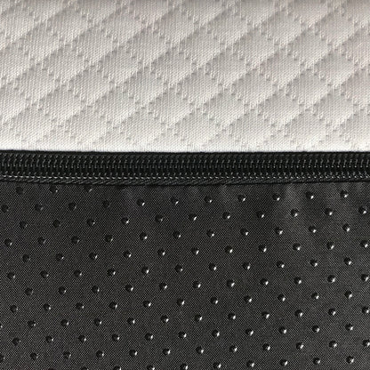 Close-up of the Calypso Single 20cm Knitted Bamboo Memory Foam Gel Mattress, showcasing the white quilted top and non-slip black dotted bottom, joined by a black zipper.