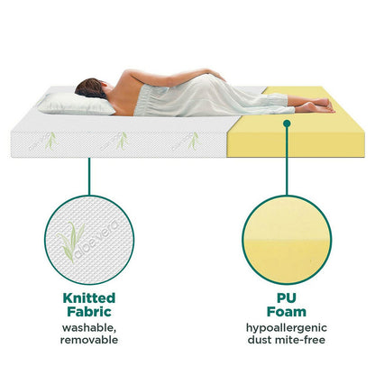 Calypso 20cm Cool Gel Memory Foam Single Mattress cross-section showing a washable knitted fabric cover and hypoallergenic PU foam core with someone lying on it, highlighting comfort and support features.