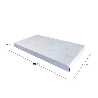 Calypso 20cm Cool Gel Memory Foam Single Mattress with Aloe Vera-infused cover, dimensions 188x92x20cm, shown as a single-bed foam mattress offering personalized support and temperature regulation.