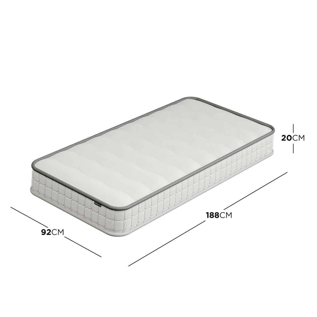 Cybele Single 20cm Pocket Spring Memory Foam Mattress, white with grey piping, angled against a white background, showcasing its medium firm build and quilted memory foam top for optimal comfort. Dimensions labeled.
