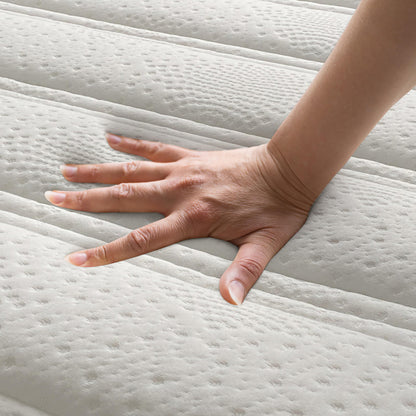 Delia King 28cm Medium Firm Euro Top Latex Mattress features a hand pressing its plush, contouring surface, highlighting its luxurious comfort and advanced support with visible Euro top quilting details.