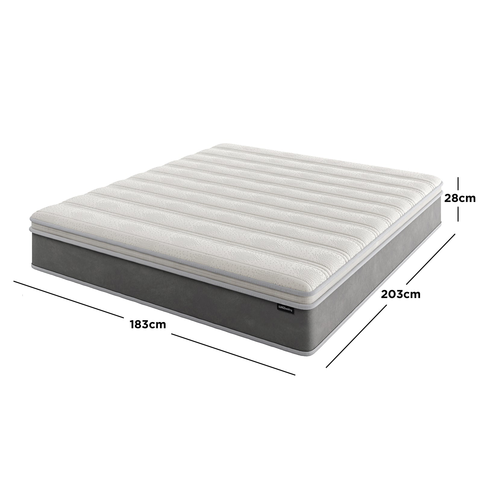 Delia King 28cm Medium Firm Euro Top Latex Mattress – White, showcasing precise measurements and size details, highlighting its plush Euro top quilting and supportive, layered construction for enhanced comfort and durability.