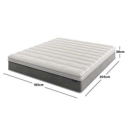 Delia King 28cm Medium Firm Euro Top Latex Mattress – White, showcasing precise measurements and size details, highlighting its plush Euro top quilting and supportive, layered construction for enhanced comfort and durability.
