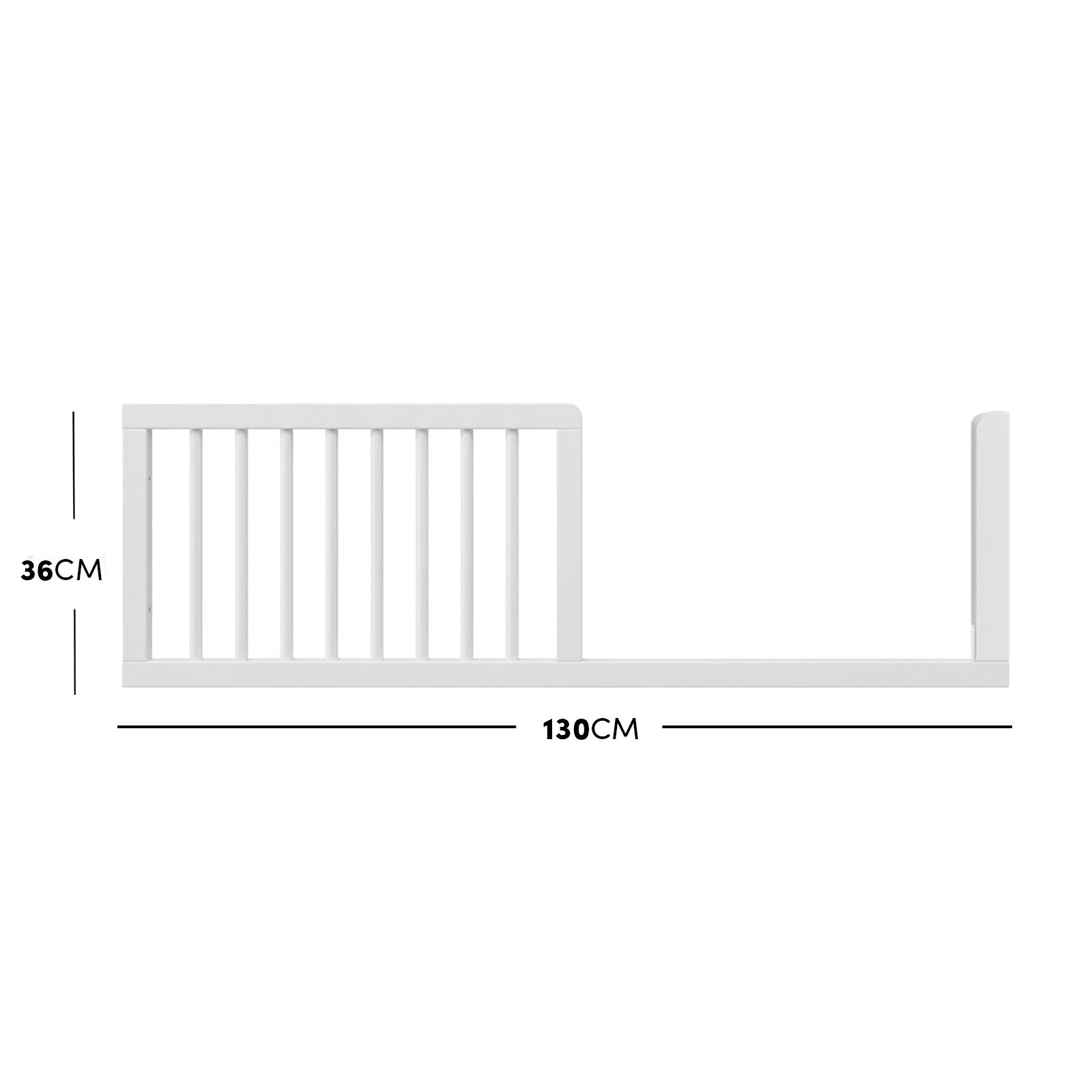 White timber toddler bed safety guard rail with dimensions diagram.