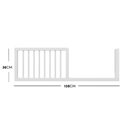 White timber toddler bed safety guard rail with dimensions diagram.