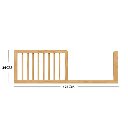 Natural timber toddler bed safety guard rail with dimensions diagram.