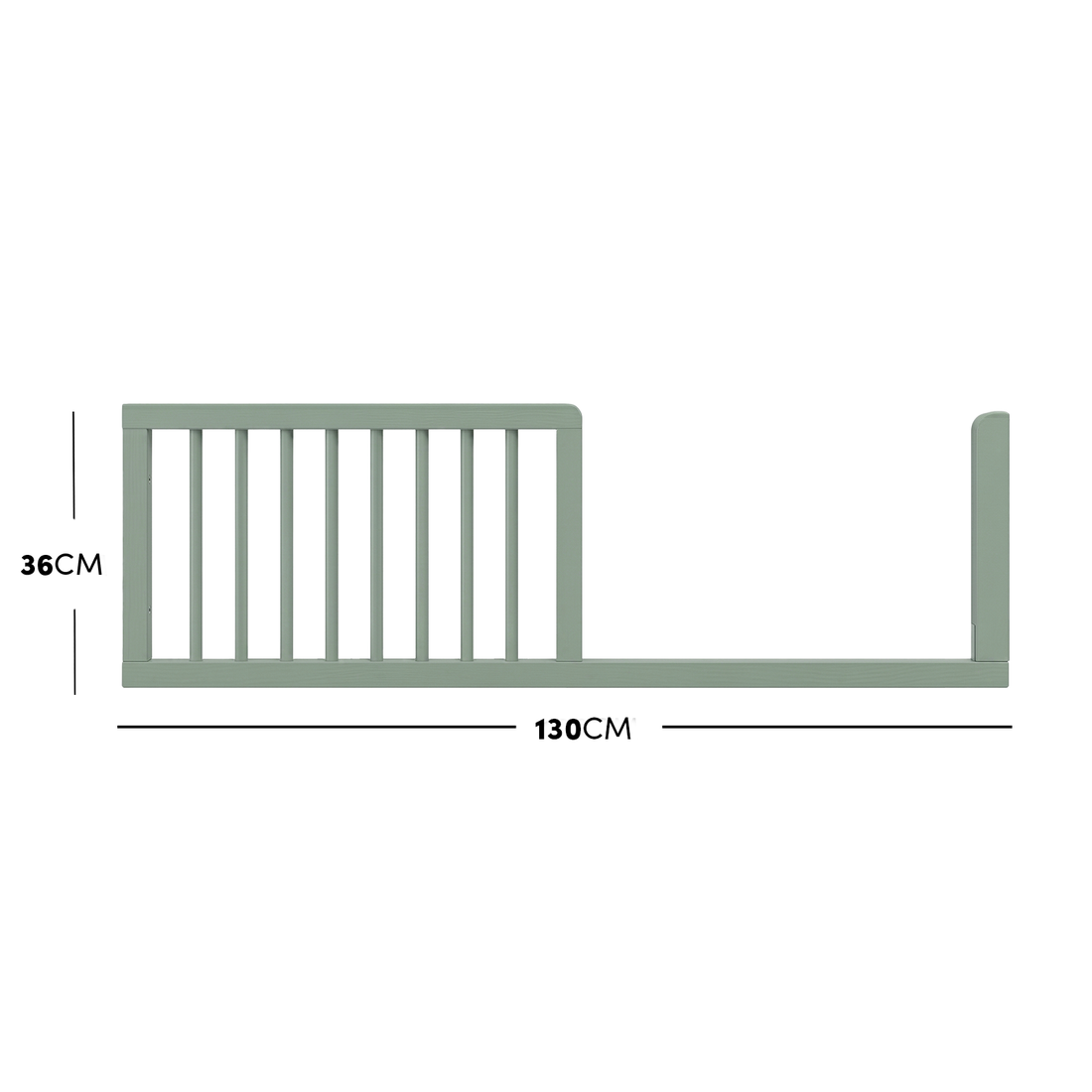 Sage green timber toddler bed safety guard rail with dimensions diagram.