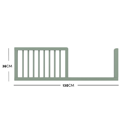 Sage green timber toddler bed safety guard rail with dimensions diagram.