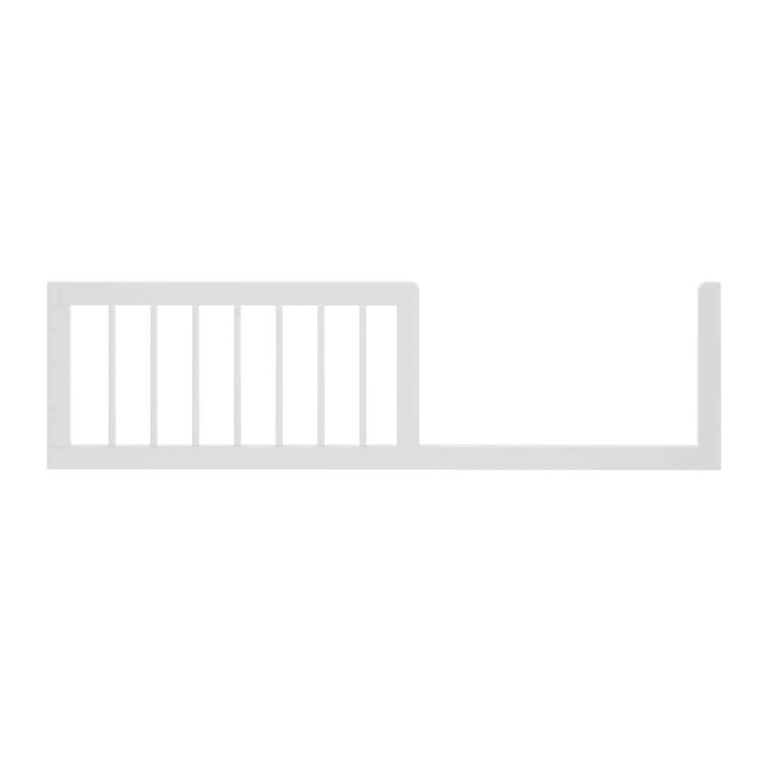 Melai Solid Pine Toddler Bed Rail Kit - White, featuring an L-shaped design with vertical slats and horizontal top rail, includes a flat base rail for secure mattress anchoring, ensuring toddler safety.