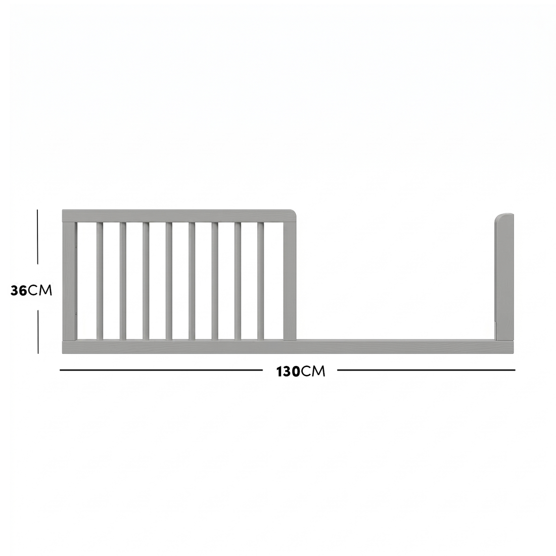 Light grey timber toddler bed safety guard rail with dimensions diagram.