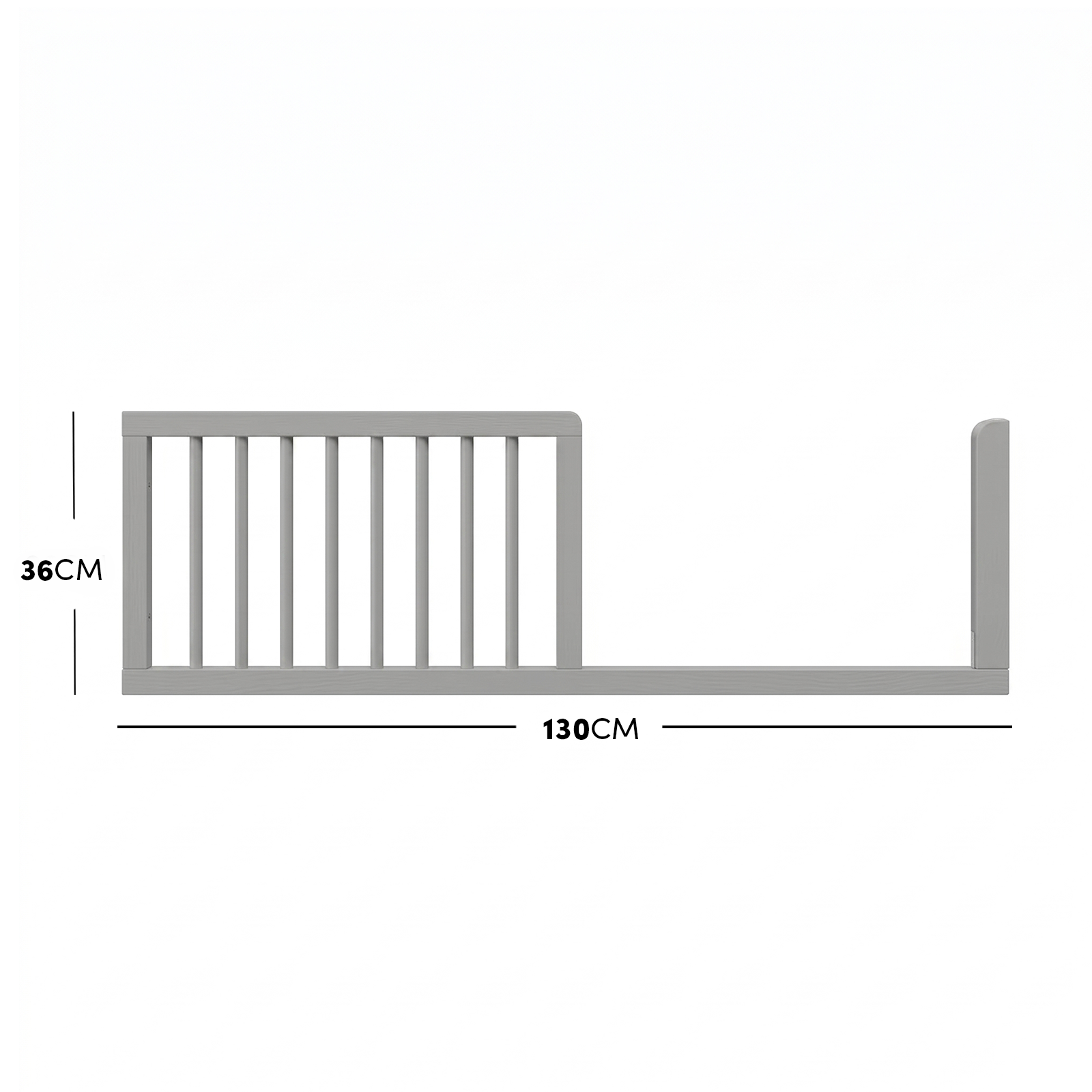 Light grey timber toddler bed safety guard rail with dimensions diagram.