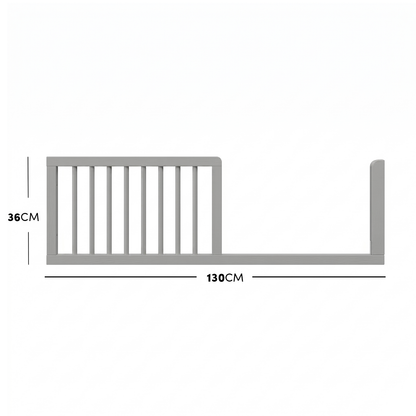 Light grey timber toddler bed safety guard rail with dimensions diagram.